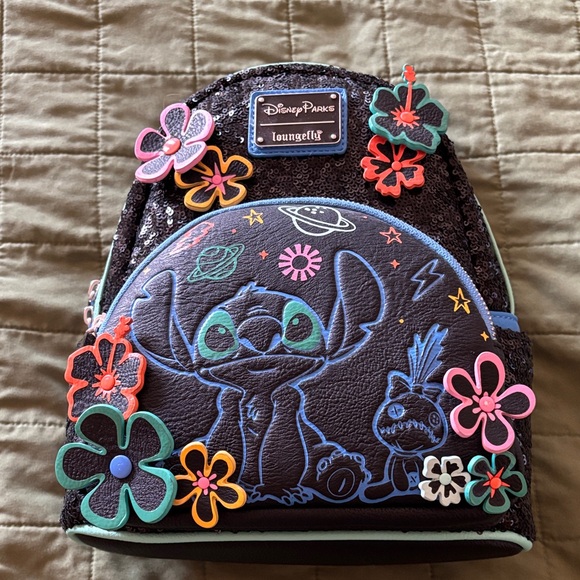 Disney Stitch Kids Backpack - Black and Blue with Floral Accents - Picture 1 of 2